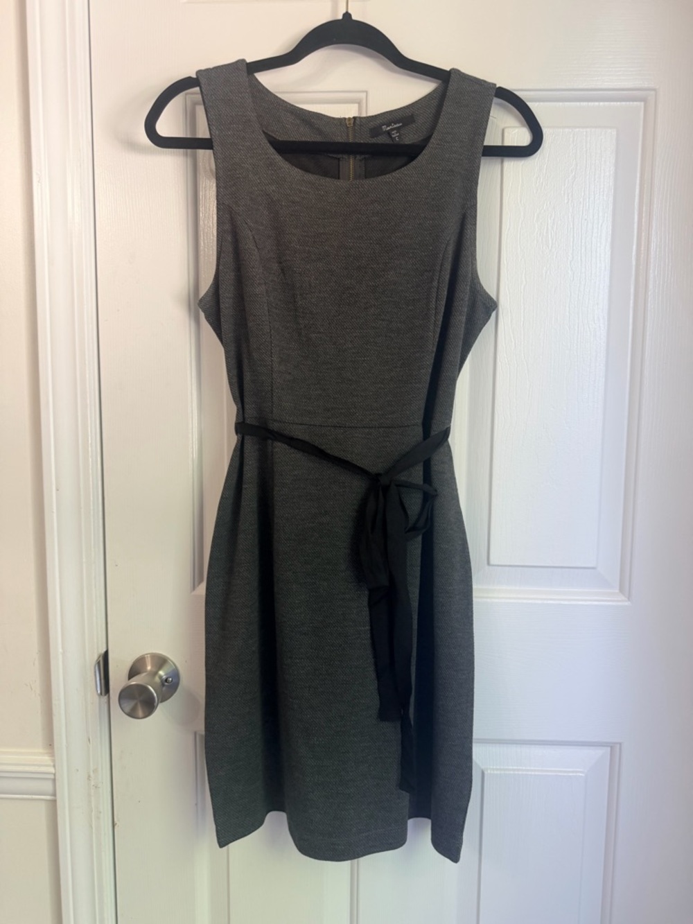 Monteau Charcoal Sleeveless Sheath Dress with Black Tie